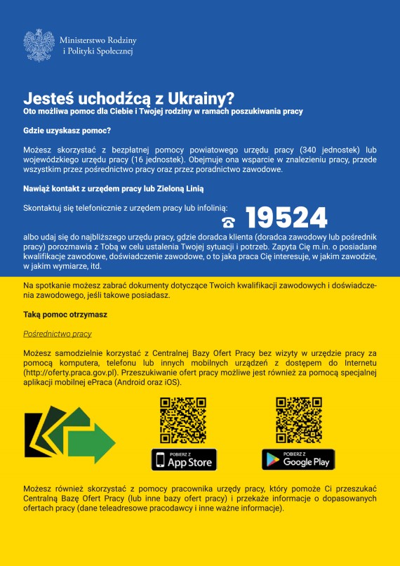 Ulotka dla osób z Ukrainy, które poszukują pomocy w zakresie poszukiwania pracy, wersja polska.